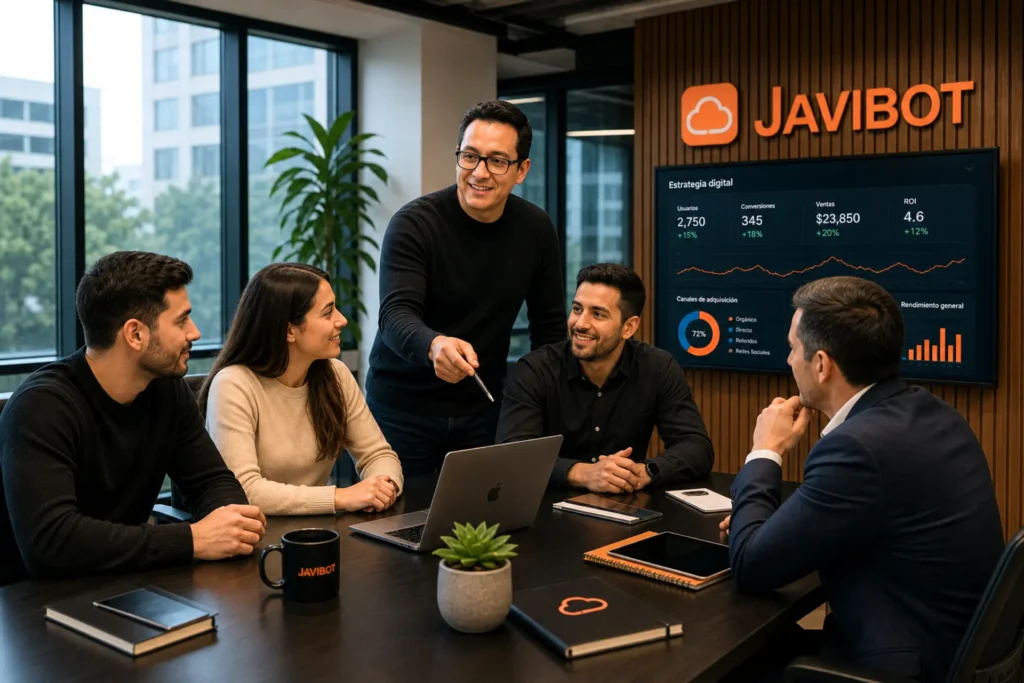 Equipo de JAVIBOT en reunión con cliente definiendo estrategia digital y analizando resultados