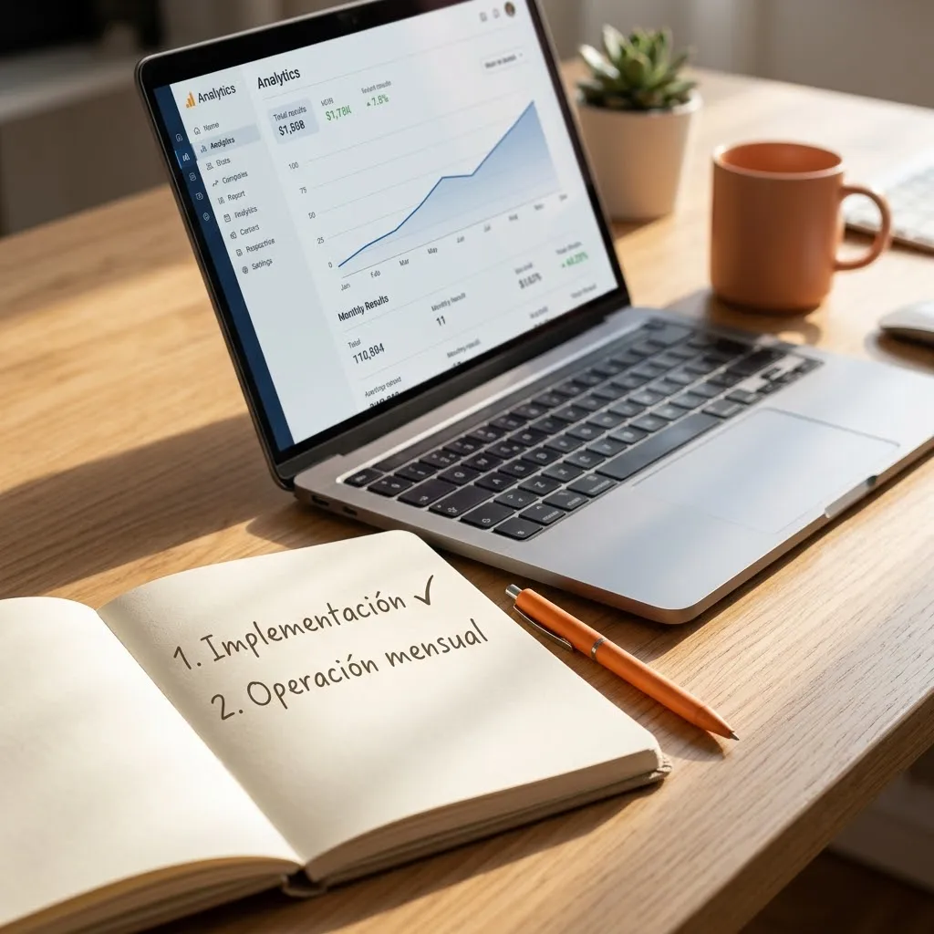Portátil con tablero de resultados mensuales y libreta con el plan en dos etapas: implementación y operación mensual