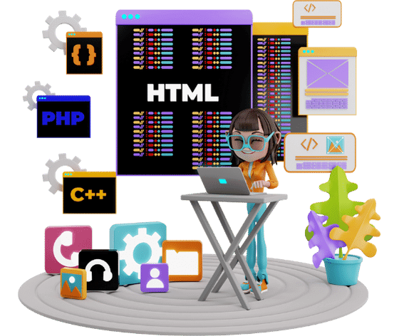 Ilustración de desarrollo web con código HTML, PHP y C++
