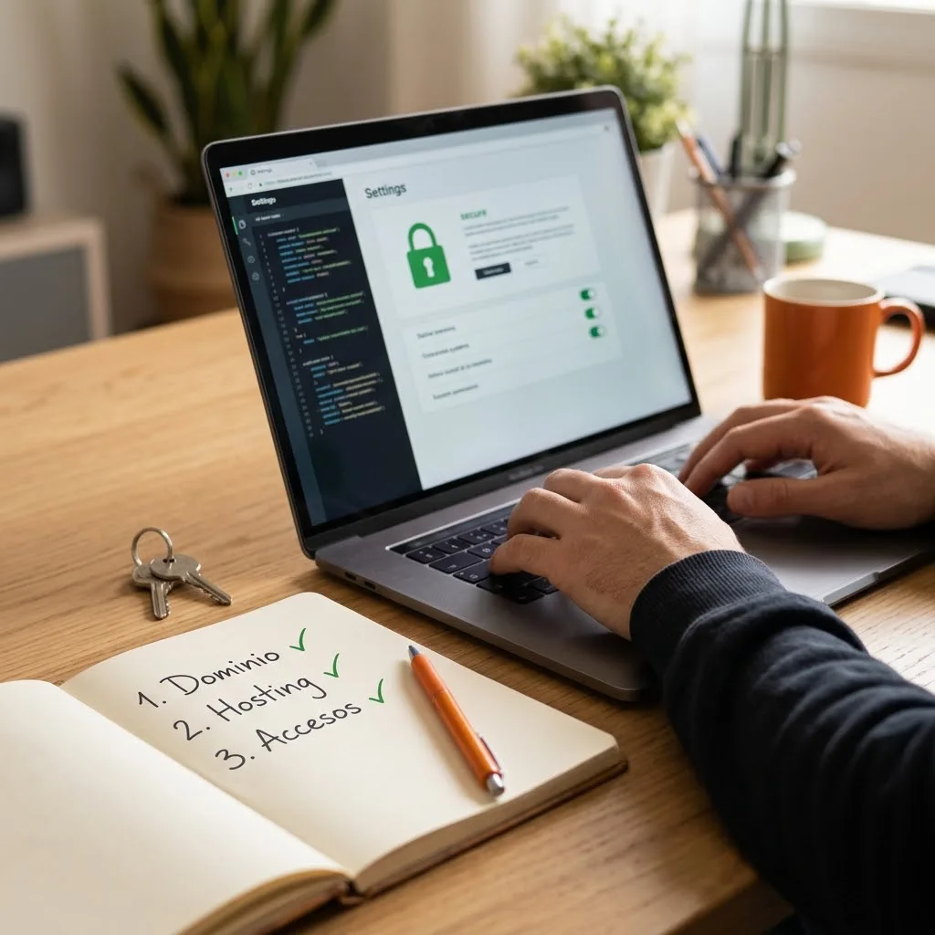 Manos de un ingeniero configurando la seguridad de un sitio web en un portátil, con una libreta de accesos entregados al cliente