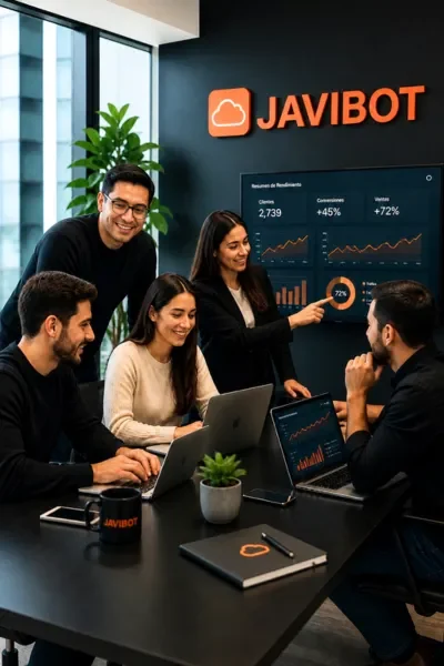 Equipo de JAVIBOT analizando métricas y trabajando en estrategia digital en oficina